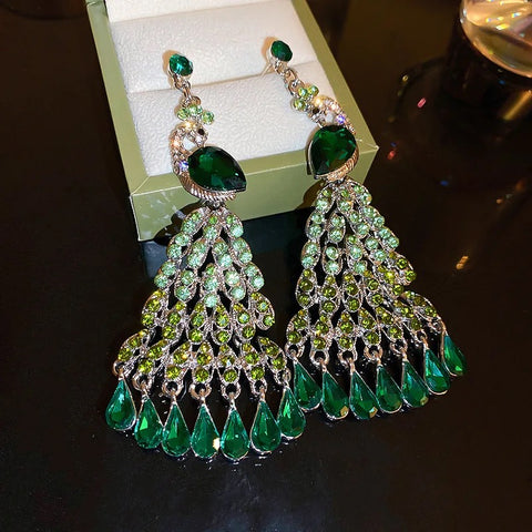 Peacock Luxurious Rhinestone Chandelier Emerald Earrings