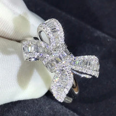 TRIVIA Bow Rhinestone Pure Silver Deluxe Ring
