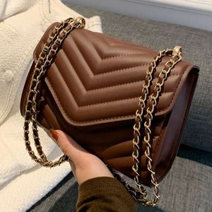 Brown Premium Leather Quilted Pattern Flap Chain Bag