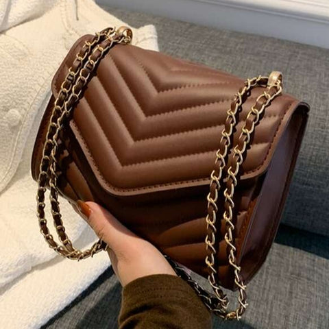 Brown Premium Leather Quilted Pattern Flap Chain Bag