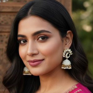 Timeless Peacock White Deluxe Jhumkas