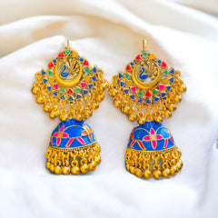 Hand Crafted Artistic Floral Peacock Jhumka Blue