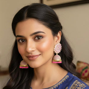 Pink Floral Dangling Signature Jhumkas