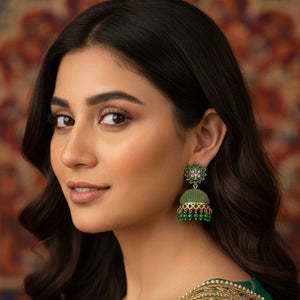 Floral Emerald Green Deluxe Jhumkas