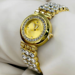 Luxury Rhinestone Gold Plated Crystal Studded Round Watch
