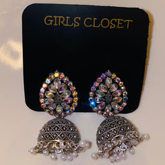 Meena Crystal Statement Jhumka Classic Silver