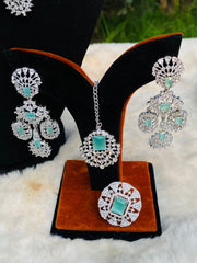 Kiara Advani Inspired American Diamond Bridal Set With Ring (Aqua Blue)