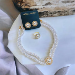Candice Timeless Faux Pearl Necklace Earrings & Ring (Adjustable)
