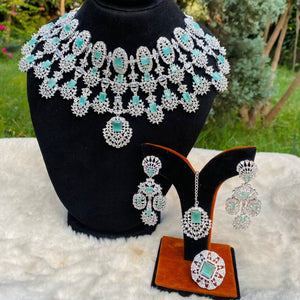 Kiara Advani Inspired American Diamond Bridal Set With Ring (Aqua Blue)