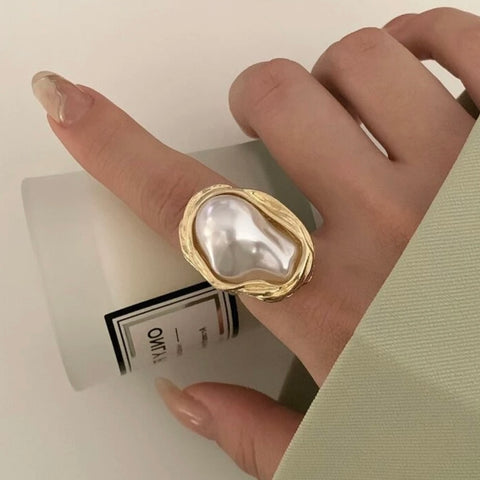 Asymmetrical Aesthetic Mother Of Pearl Ring - Adjustable