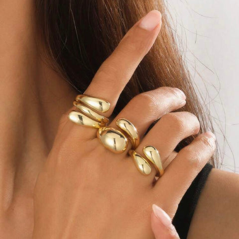 Chunky Bold & Gold Diva Boho Rings Stainless Steel - Pack of 3