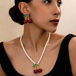 Aesthetic French Cherry Pearl Pendant and Earrings