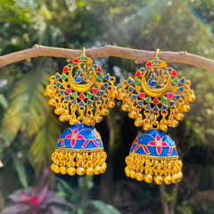 Hand Crafted Artistic Floral Peacock Jhumka Blue