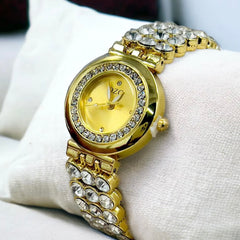 Luxury Rhinestone Gold Plated Crystal Studded Round Watch