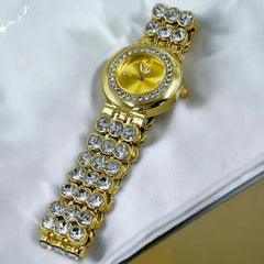 Luxury Rhinestone Gold Plated Crystal Studded Round Watch