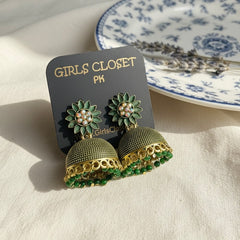 Floral Emerald Green Deluxe Jhumkas
