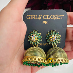 Floral Emerald Green Deluxe Jhumkas