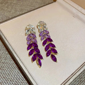Purple Leaf Drop Rhinestone Luxurious Earrings