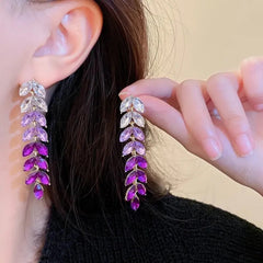 Purple Leaf Drop Rhinestone Luxurious Earrings