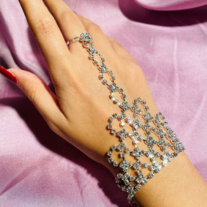 Deluxe Finger Ring Bracelet Rhinestone Sterling Silver