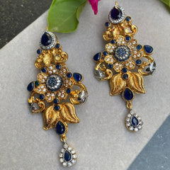 GC Hand Crafted Floral Festive Earrings Gold Plated Blue