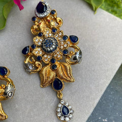 GC Hand Crafted Floral Festive Earrings Gold Plated Blue