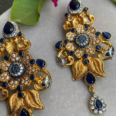 GC Hand Crafted Floral Festive Earrings Gold Plated Blue