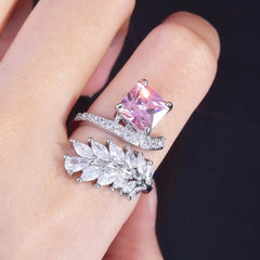 GC Pink Square Leaf Adjustable Rhodium Plating Ring
