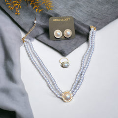 Candice Timeless Faux Pearl Necklace Earrings & Ring (Adjustable)