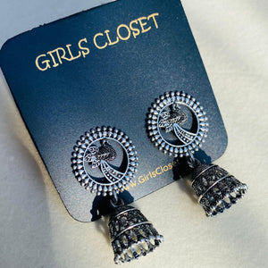 GC Silver Oxidized Peacock Delicate Jhumkis