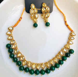 Kundan Shiny Green Pearl And Crystal Studded Jewel Set