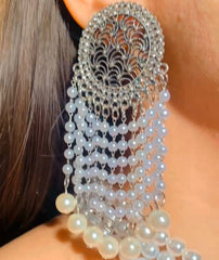 Deluxe Oxidized Silver Drop Pearls Festive Earrings