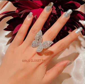 MONICA Pure Silver Crystal Butterfly Adjustable Ring