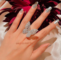 MONICA Pure Silver Crystal Butterfly Adjustable Ring