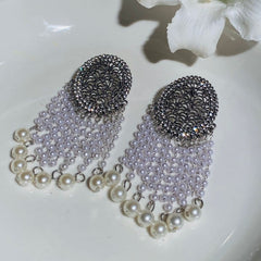 Deluxe Oxidized Silver Drop Pearls Festive Earrings