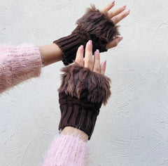 Premium Rabbit Fur Crochet Knitted Fingerless Mitten Gloves