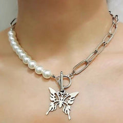 Metal & Pearls Hybrid Artistic Butterfly Necklace