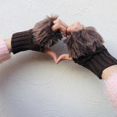 Premium Rabbit Fur Crochet Knitted Fingerless Mitten Gloves