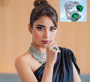 Pure Silver LOISA Emerald And Crystal Royal Ring