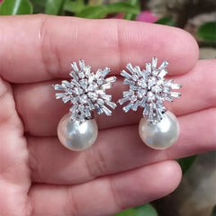 Ultra Luxury Snowflake Zircon Pearl Earrings
