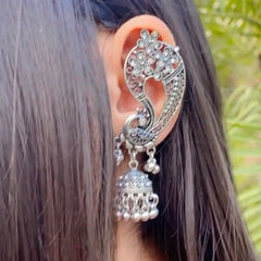Pure Statement Silver Peacock Earcuff Jhumkas (Super Premium)